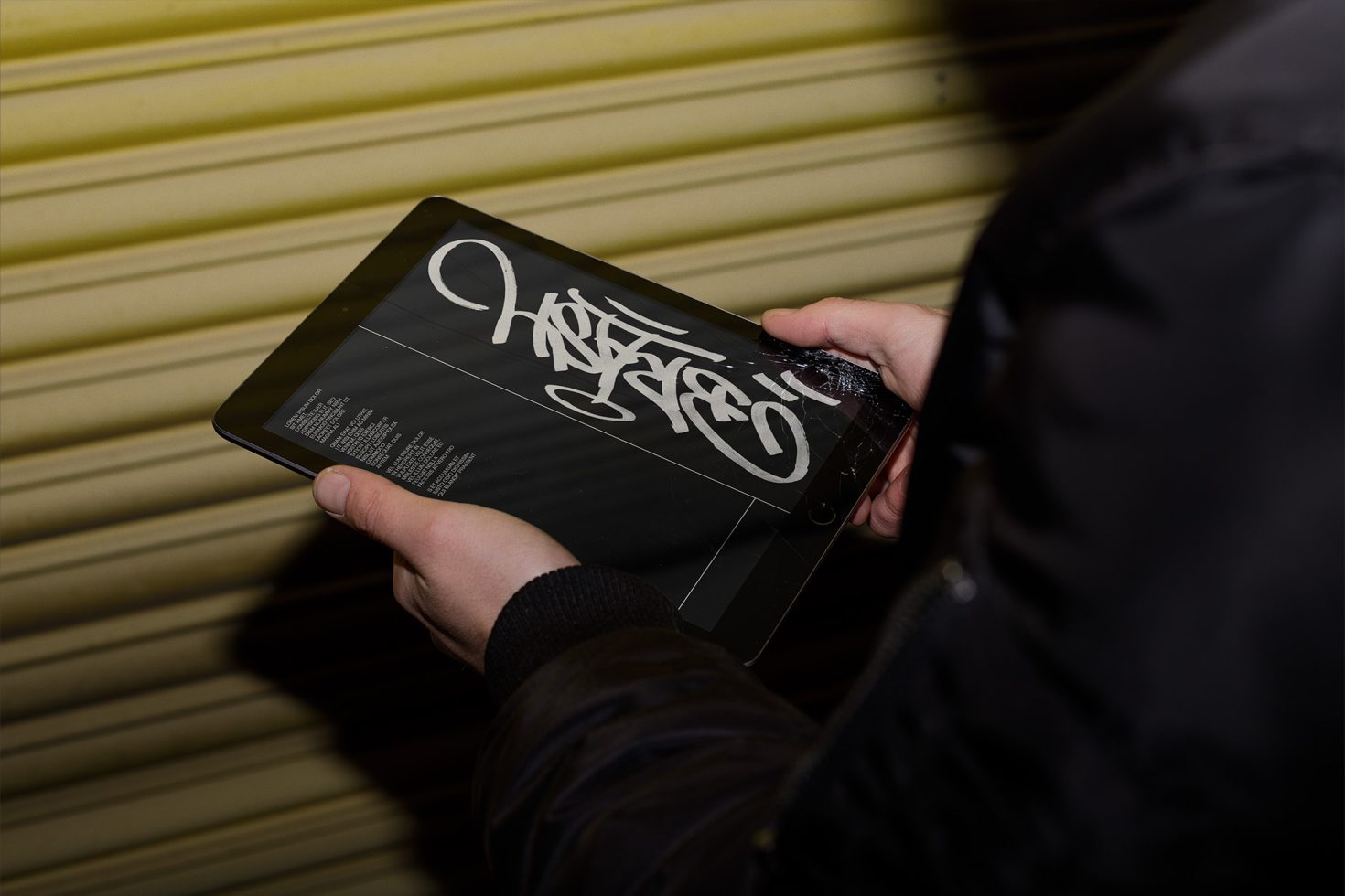 Person holding a tablet showcasing custom calligraphy font design, ideal graphic asset for modern typography projects.